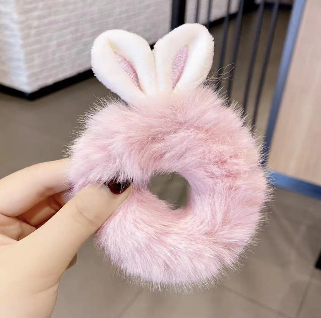 3D Plush Rabbit Ear Hair Rings & Heart Tie Headband