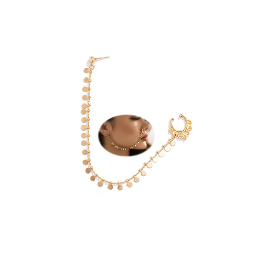 Kenjudess Punk Nose to Ear Chain Non Piercing Fake Septum Rings Indian Belly Dance Nose Nail Ring Hoops for Women Teens Girls (Gold disc)