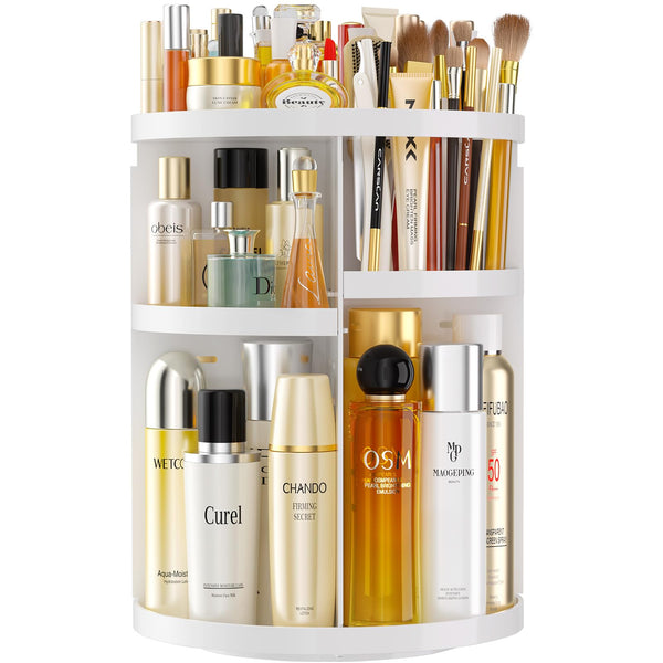 HEMTROY 360° Rotating Makeup Organizer – Adjustable Skincare & Cosmetic Storage with Brush Holder (White)