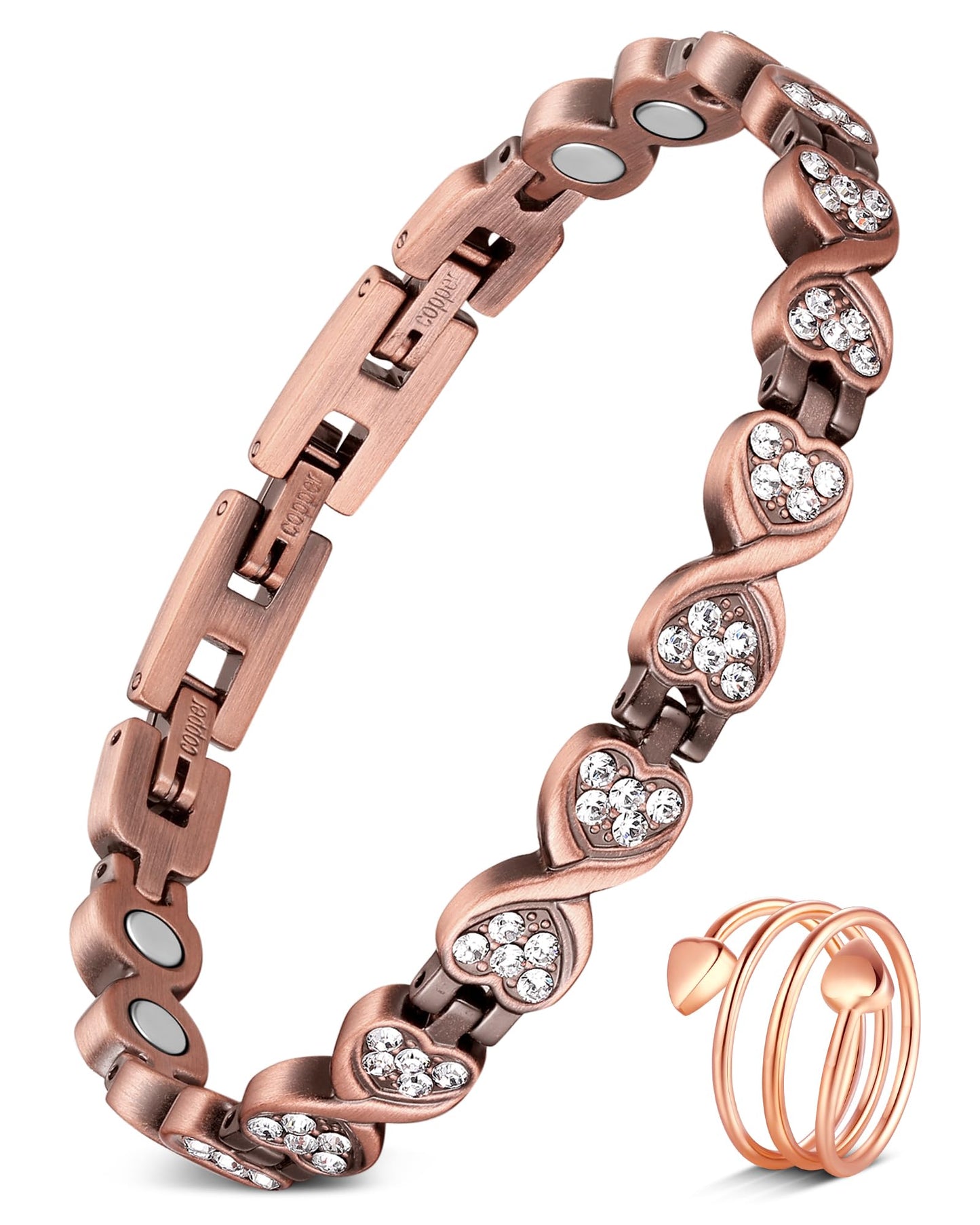 Jecanori Pure Copper Bracelets for Women Effective Copper Magnetic Bracelets for Women Healing Copper Jewelry Gifts with Sizing Tool (Love-Crystal&Ring)